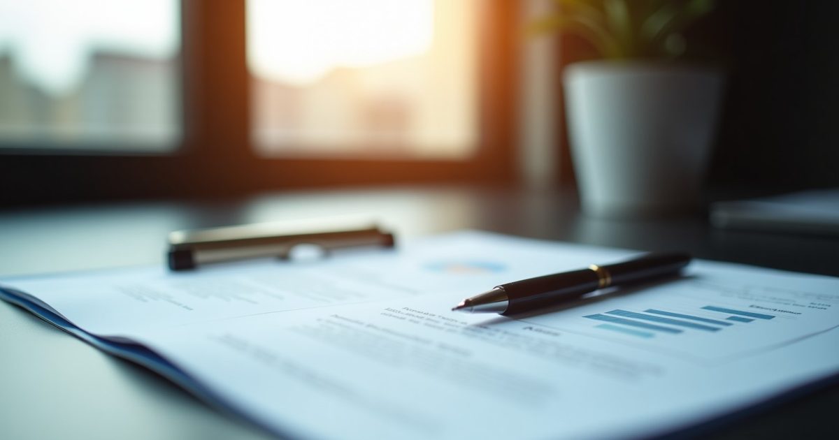 A printed business document on a desk with a pen, lit by natural window light